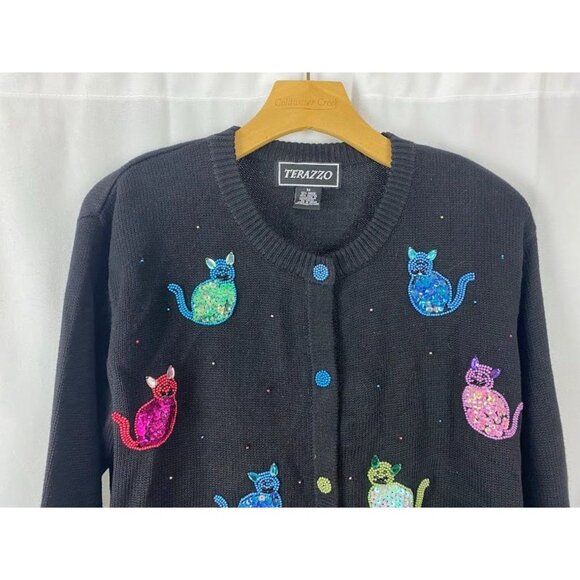 Terazzo Sequin Cat Button Down Cardigan Black 90's Women's Medium - Picture 3 of 14